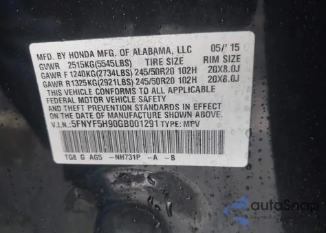 2016 Honda Pilot Touring z USA, uszkodzony, nr VIN 5FNYF5H90GB001291